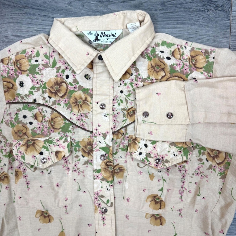 Vtg Monzini Men's Western Pearl Snap Shirt Floral Print Beige Long Sleeve Size M